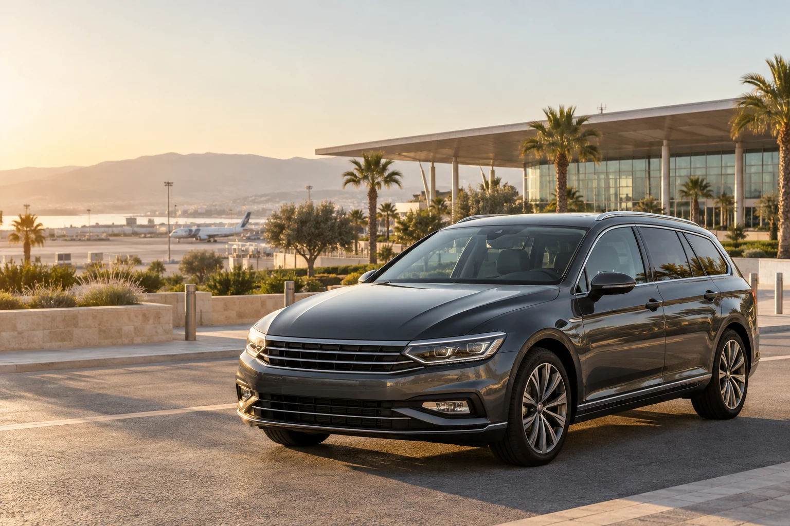 Illustrative airport car handover in Mediterranean sunshine